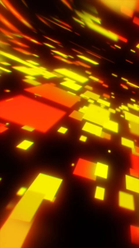 Bright yellow, orange, and red geometric squares rush through a dark digita.. Stock Footage 337907741