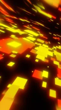 Bright yellow, orange, and red geometric squares rush through a dark digita.. 스톡 일러스트