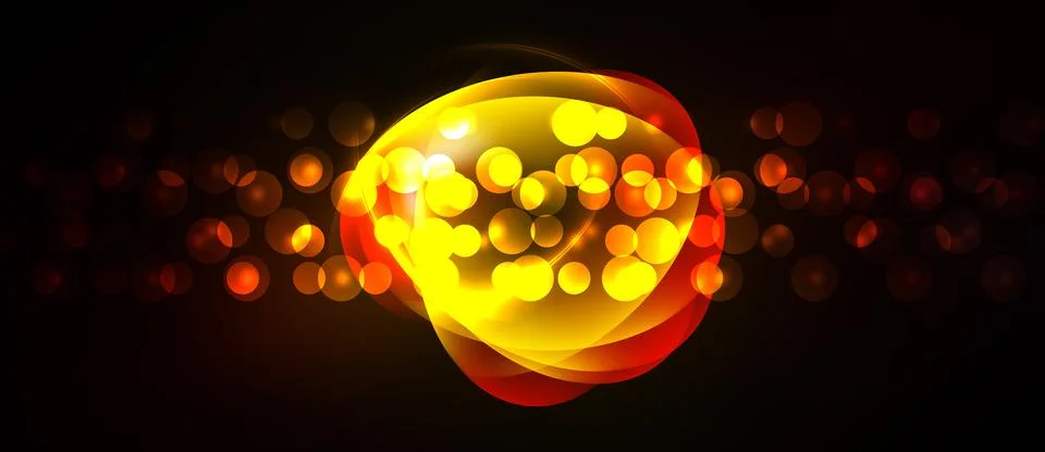 Bright yellow, orange light effects form abstract shape. Bokeh dots create Stock Illustration