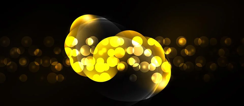 Bright yellow orbs float within dark shapes. Bokeh effect creates glowing, Stock Illustration