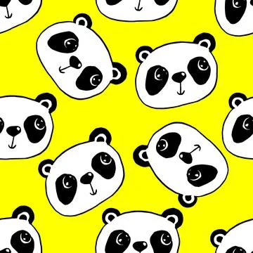 Bright yellow pattern with doodle panda, seamless repeat cute print イラスト素材