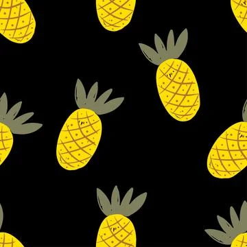 Bright yellow pineapples create a vibrant seamless pattern on a dark background Stock Illustration