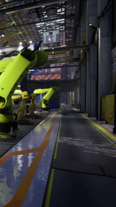 Bright yellow robotic arms at work in a modern industrial facility Stock Footage 331693474