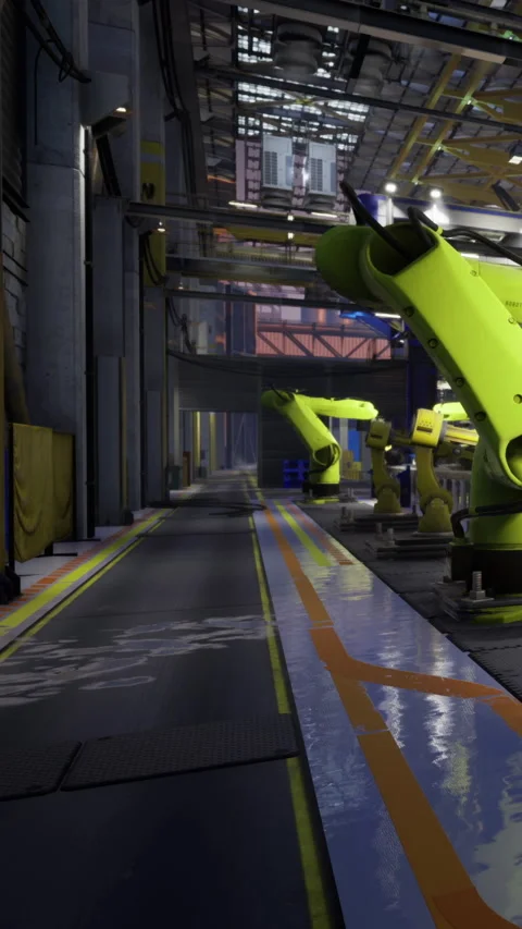 Bright yellow robotic arms work tirelessly in a high tech factory scene Stock Footage 331694497