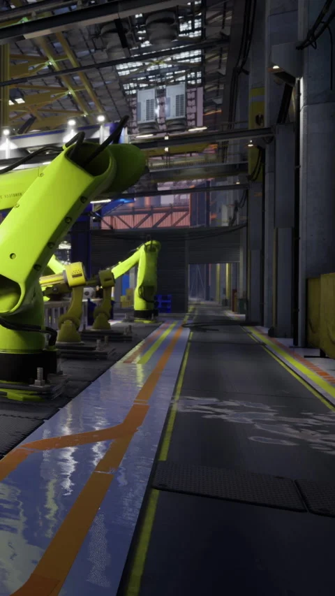 Bright yellow robotic arms at work in a modern industrial facility Stock Footage 335451553