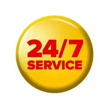 Bright yellow round button with words '24/7 service' 스톡 일러스트