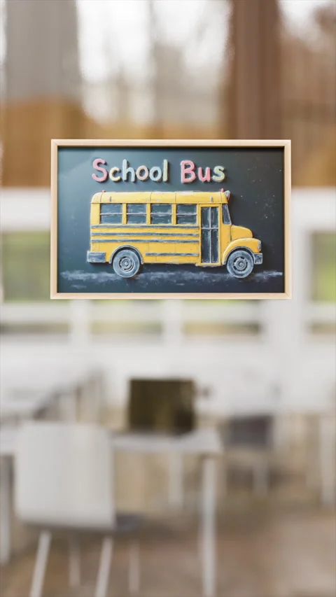 Bright Yellow School Bus Displayed on Chalkboard in Modern Classroom Setting Stock Footage 315394030