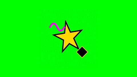 A bright yellow star with a pink wave and black diamond on green background Stock Footage 340904380