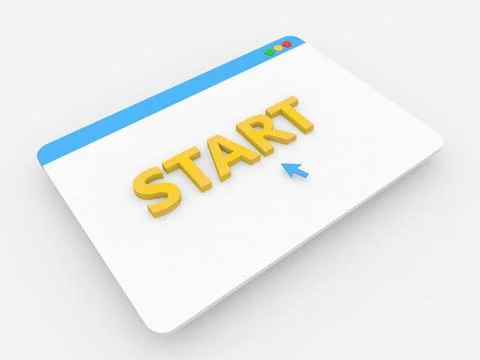 Bright yellow start button in a minimalist web browser window representing .. Stock Illustration