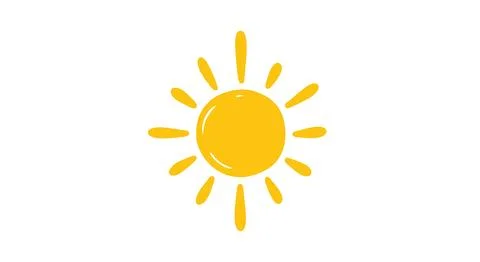 Bright Yellow Sun Icon with Rays on White Background, Simple Cartoon Style Stock Illustration