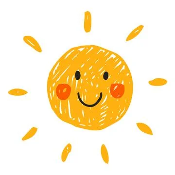 A bright yellow sun with rays and a smiling face, drawn in pencil or chalk. イラスト素材