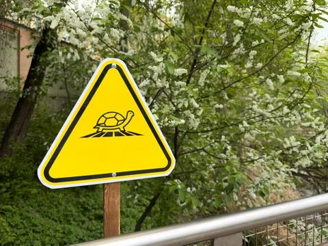 Bright yellow triangular warning sign with turtle icon stands in green park z Photos