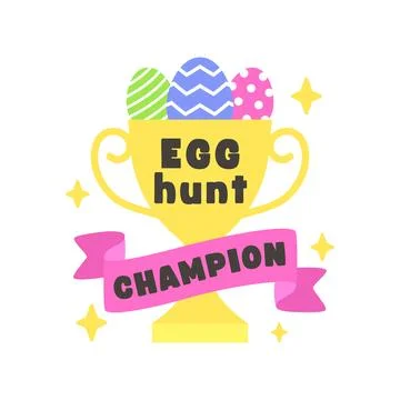 Bright Yellow Trophy Easter Sticker with Colorful Eggs and Pink Ribbon Stock Illustration