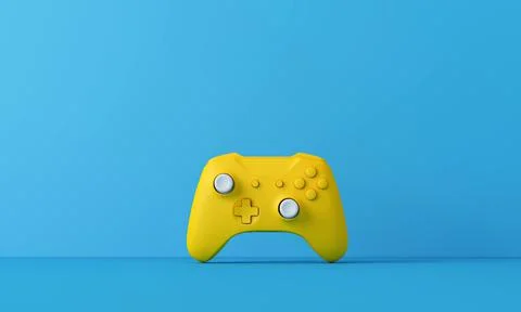 Bright yellow video game controller against a blue background. Gaming concept Stock Illustration
