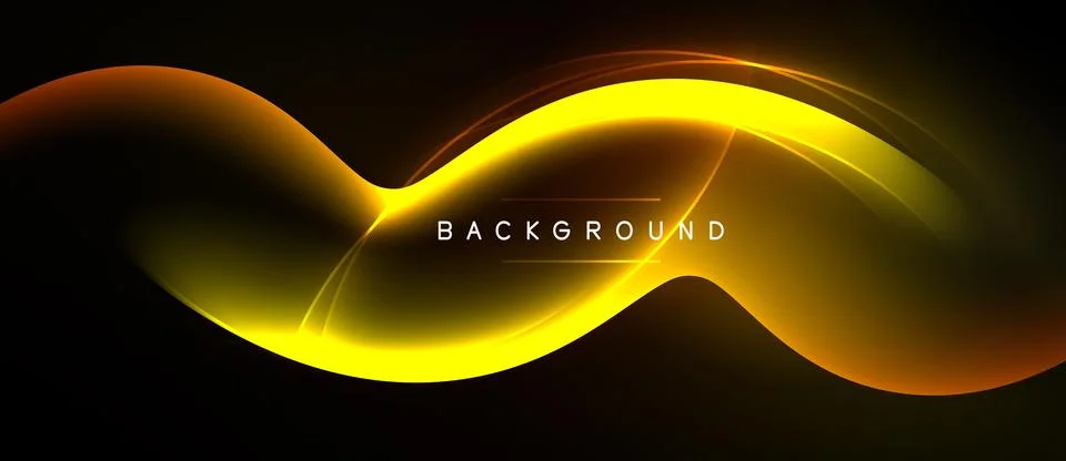 Bright yellow wave flows across black space. Smooth curves create dynamic v.. Stock Illustration