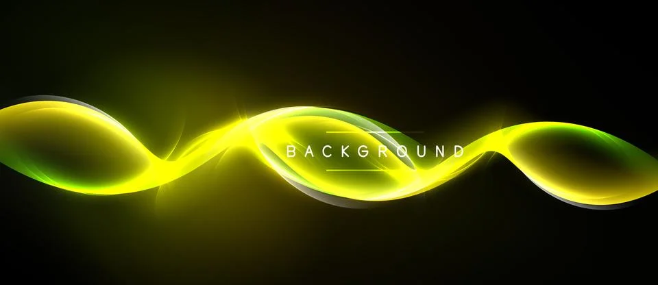 Bright yellow wave flows across black space. Dynamic design suggests energy, Stock Illustration