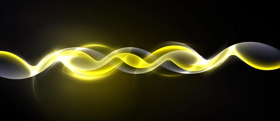 Bright yellow waves flow across black background. Smooth curves create dynami Stockillustratie