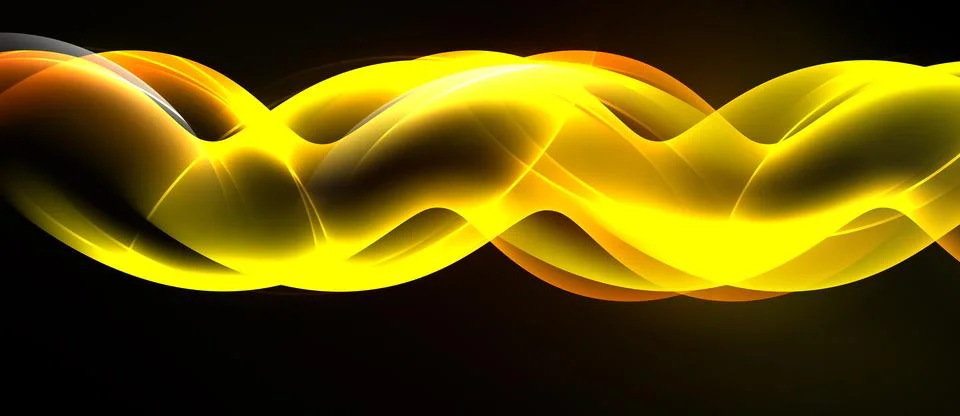 Bright yellow waves flow across black background. Smooth curves create dynami Stockillustratie