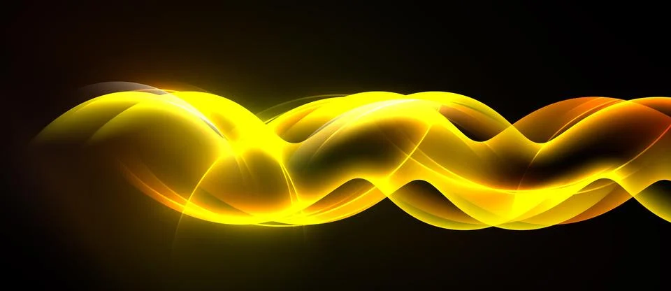 Bright yellow waves flow across black background. Dynamic curves create energ 库存插图