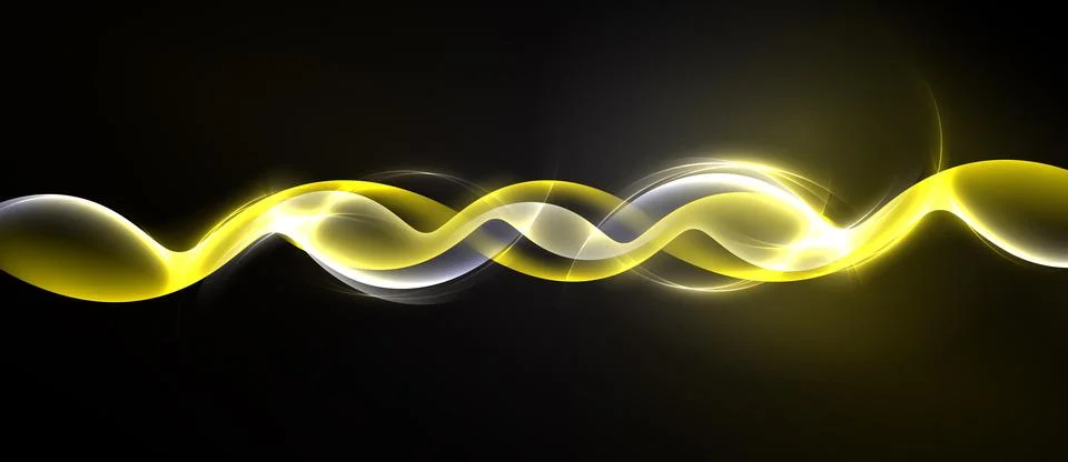 Bright yellow, white waves flow across black background. Smooth curves create Stock Illustration