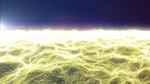 Bright yellow wireframe wave terrain with glowing polygon grid and intense .. Stock Illustration