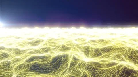 Bright yellow wireframe wave terrain with glowing polygon grid and intense .. Stock Illustration