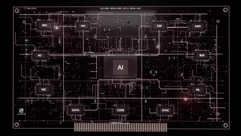 Brightening AI chip initiating schematic build on dark HUD, sending traces to Stock-Footage 337964616