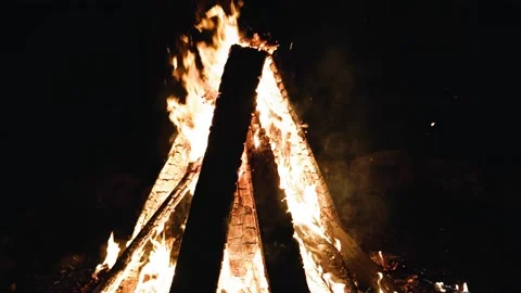 A brightly burning nighttime campfire in the middle of a forest clearing Stock Footage 343796793