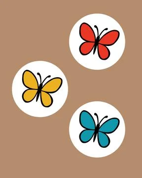 Brightly colored butterflies float in simple white circles. Иллюстрация