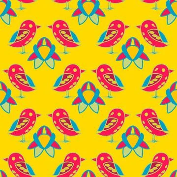 Brightly Colored Cute Birds Vector Repeat Pattern In Yellow And Red Stock Illustration