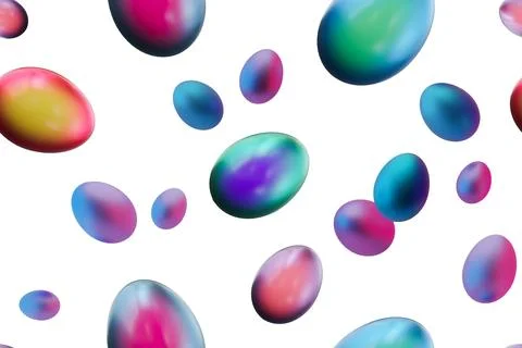 Brightly colored Easter eggs are scattered across a white background in a s.. 스톡 사진