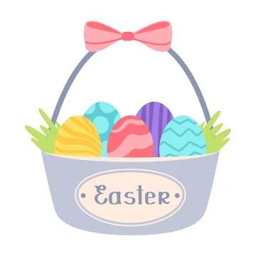 Brightly colored Easter eggs lying in basket in garden. Easter celebration Stock Illustration