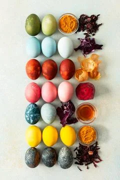 Brightly colored Easter eggs , showcasing various hues created from natural d Stock Photos