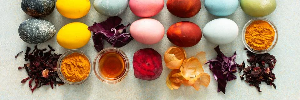 Brightly colored Easter eggs , showcasing various hues created from natural.. Stock Photos