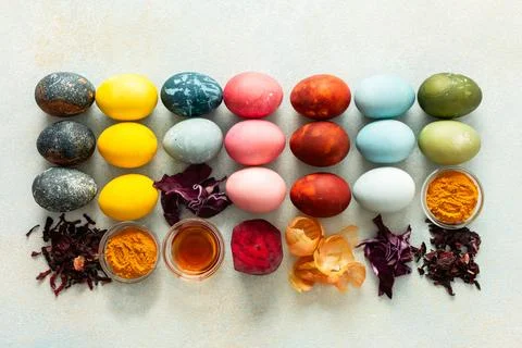 Brightly colored Easter eggs , showcasing various hues created from natural d Stock Photos