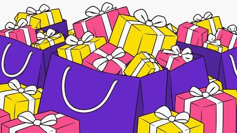 Brightly colored gift boxes and shopping bags overflowing with presents. Stock Illustration