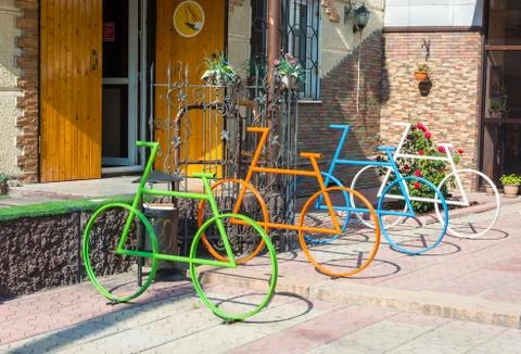 Brightly colored models of bikes. Stock Photos