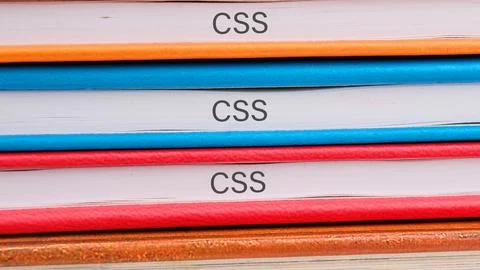 Brightly colored notebooks labeled CSS are stacked on a wooden surface, repre 스톡 사진