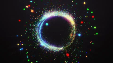 Brightly colored particles dance around a luminous circle Stock Footage 308633807