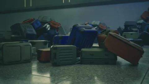 Brightly colored suitcases lay on floor amid subdued airport environment Video stock 339793444