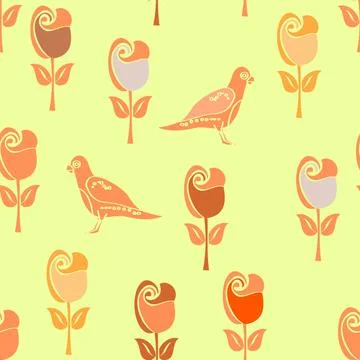 Brightly colored vector repeating pattern of birds and flowers in terracotta Stock Illustration