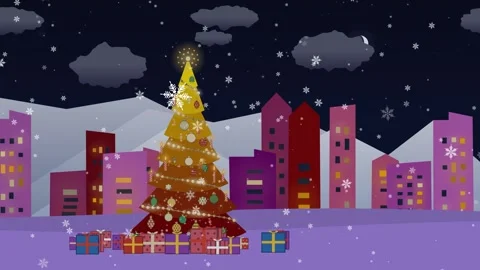 A brightly decorated Christmas tree glows in a snowy city under a starry night Stock Footage 338278733
