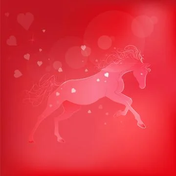 Brightly glowing vector illustration of a galloping horse. Juicy red pink Stock Illustration