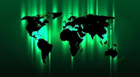 Brightly highlighted abstract world map on a green grid background Stock Illustration