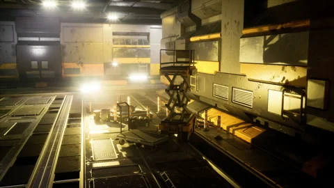 Brightly illuminated cargo passage showcasing logistics and machinery Stock Footage 335102723
