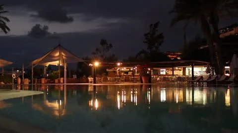 Brightly lit hotel pool at night Stock-Footage 20588917