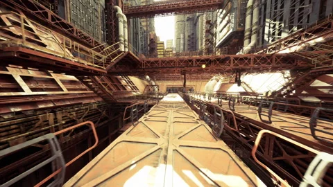 Brightly lit industrial pathway surrounded by symmetrical panels and vents Stock Footage 340658396