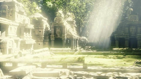 Brightly lit temple square surrounded by detailed carvings and greenery Stock Footage 334333702
