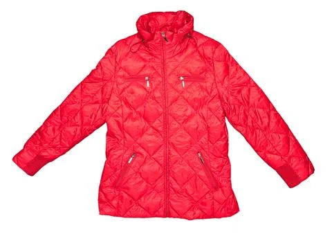 Brightly red down women's jacket for skiing, isolated on a white background Stock Photos