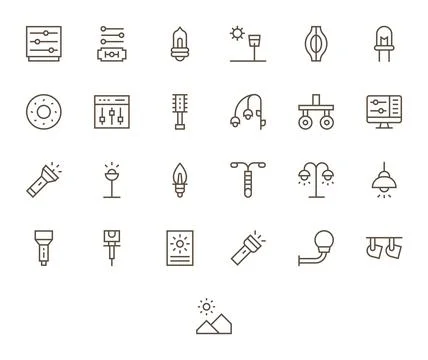 Brightness 256x256 Vector Icon Pack with 25 Regular Line Pixel Optimized El.. Illustrazione stock